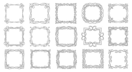 Fifteen distinct grey decorative square frames on a white background