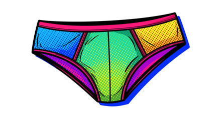 Pop Art Style: A bold pop art illustration of brightly colored tanga briefs, using thick black outlines and Ben-Day dots for shading, isolated on white.
