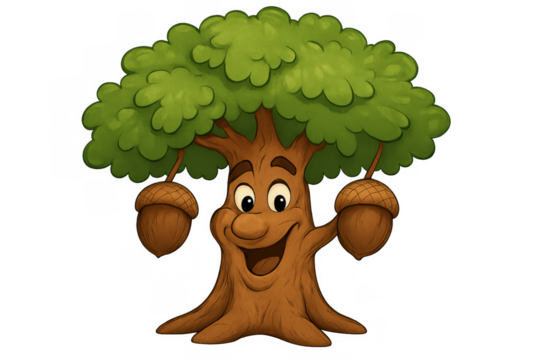 Anthropomorphic oak tree character smiling and holding acorns, representing nature, growth, and environmental care - Powered by Adobe