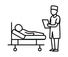 Doctor or nurse standing beside a patient lying in a hospital bed holding a chart