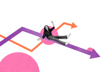 Exclusive art banner collage of happy old woman sit arrow development pointer success statistics growth career promotion