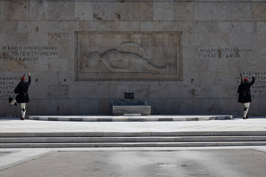 Changing of the guard at the Tomb of the Unknown Soldier in Athens, Greece.