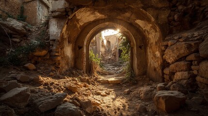Explore ancient ruins where sunlight streams through weathered arches, hinting at untold stories and forgotten civilizations
