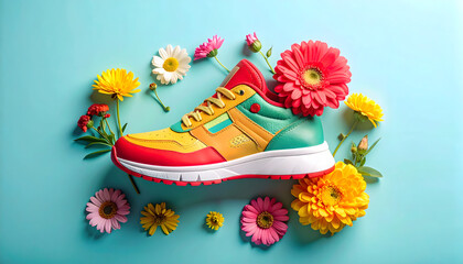Colorful Athletic Shoe Surrounded by Flowers on Blue Background