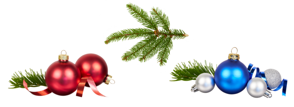 set of christmas balls with fir tree branch decoration isolated on white or transparent png