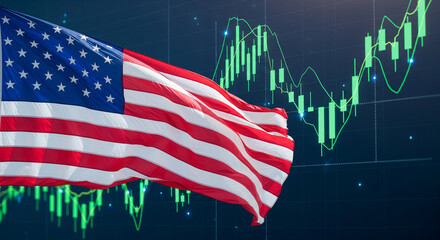 Obraz premium United State Flag Waving with Stock Market Graphs in the Background, Symbolizing Economic Growth and National Pride in a Dynamic Financial Environment