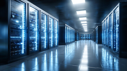 Fototapeta premium High-tech data center with glowing servers and organized layout in a modern facility