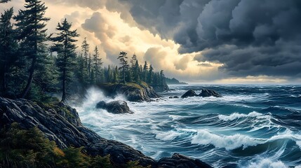 Fototapeta premium A wild stormy coastline with strong winds whipping through the trees (1)