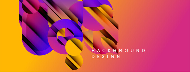 Abstract geometric shapes blend vibrant colors. Gradient transitions create dynamic visual effect. Modern design suitable for backgrounds.