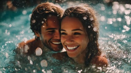 A romantic couple, bathed in the cool embrace of water, share a moment of pure joy and intimacy in a sunny pool, radiating happiness.