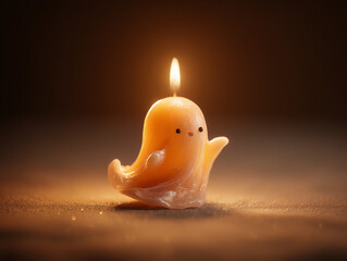 a cute ghost shape handmade candle burning isolated in dark empty interior