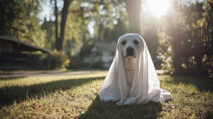 a dog wearing transparent bedsheet as a halloween ghost costume; sunny early autumn outside