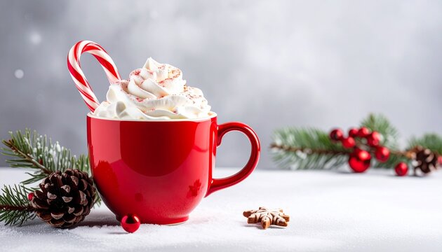 Festive holiday scene with red mug of whipped cream-topped hot chocolate, garnished with red sprinkles and two candy canes, surrounded by green pine branches and red berries on light textured backgrou