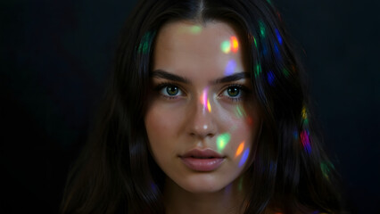 Artistic close-up portrait of a beautiful woman with colorful light patterns on her face