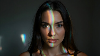 Portrait of a young woman with rainbow light reflections on her face