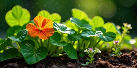 Vibrant orange flower blossoms amidst lush green foliage, bathed in soft sunlight, showcasing the beauty of nature's vibrant hues and delicate details.