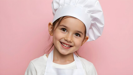 Portrait of a charming little girl in a chef costume smiling cheerfully on a pink studio background