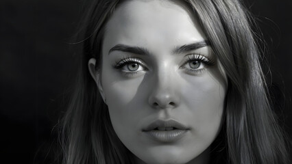 Captivating black and white portrait of a young woman with an intense gaze and dramatic shadow play, conveying depth and emotion and a serious mood