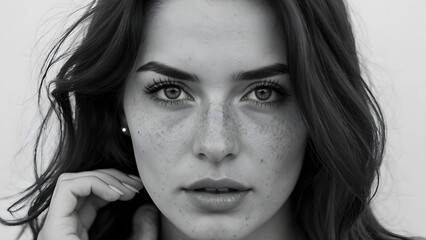 Close-up black and white portrait of a young woman with freckles