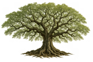 Ancient oak tree standing with a vast green foliage canopy, strong trunk, and exposed root system. Transparent background