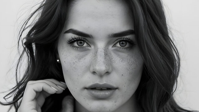 Close-up black and white portrait of a young woman with freckles