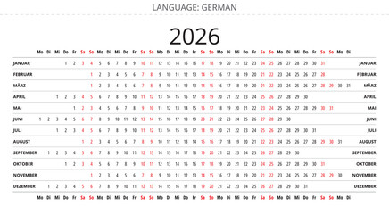 Simple 2026 german linear annual calendar Germany. deutsch kalender