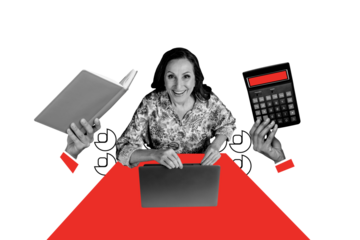 Composite photo collage of happy old woman sit office surf laptop device calculator business income planner isolated on painted background