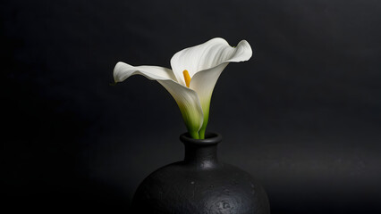 Elegant white calla lily in a dark ceramic vase against a black background