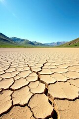 Arid Landscape Showing Extreme Drought Conditions and Dry Cracked Earth Under a Vivid Blue Sky