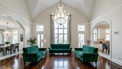Luxurious living room with emerald green sofas and a grand chandelier