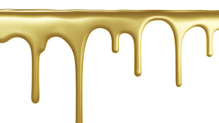 Dripping golden liquid, shiny and viscous on a solid black background