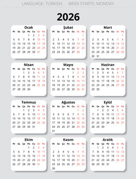 2026 year turkish calendar with modern design. Vector illustration Turkey - turk takvimi
