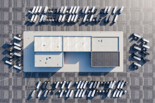 Aerial view of warehouse logistics center with parked trucks 3d rendering