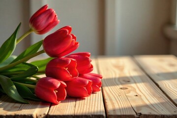 A radiant bouquet of crimson tulips rests gently on a sun-drenched wooden surface, illuminated by a soft, warm light.