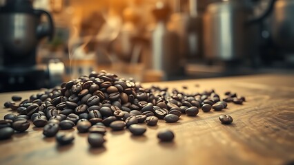 Freshly roasted coffee beans on wood with aromatic steam in warm directional light.