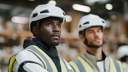 Team of engineers supervising warehouse workers testing AI-controlled robotic suits, emotion of collaboration and discovery visible, representing wearable automation, motion technology innovation, - Powered by Adobe