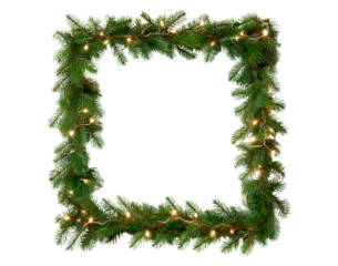 Festive christmas frame with pine branches and twinkling lights on transparent background
