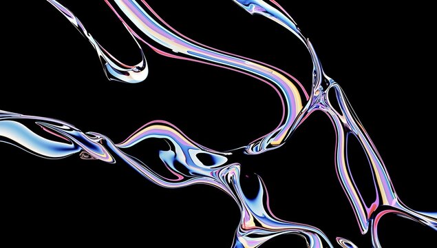 Abstract 3D liquid glass texture with metallic and iridescent reflections on a black background. Futuristic motion design inspired by Apple screensavers, ideal for wallpapers, digital art.