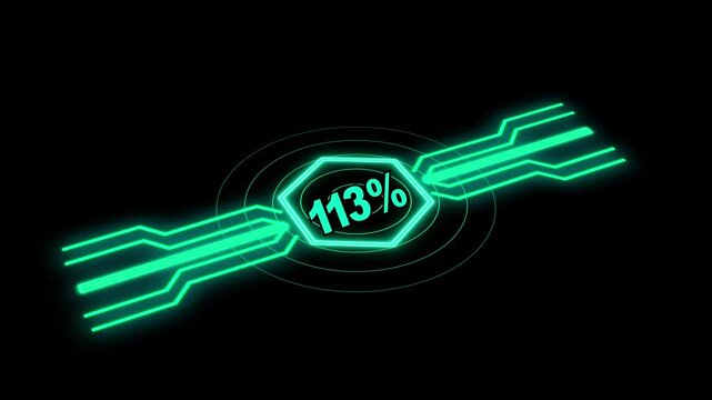 Modern green neon hexagon featuring 136% percent with circuit board design on dark screen. Green Neon Hexagon with 136% Percent and Circuit Board Lines on Black Background percentage.
