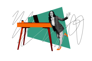 Composite trend sketch image photo collage of copyspace aged attractive lady smile fashion formalwear stand table laptop remote job office