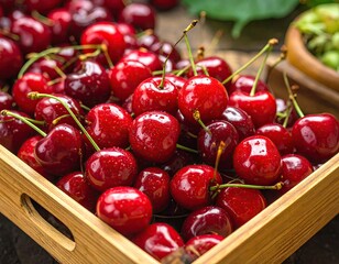 Fresh Red Cherries on Wooden Tray Detailed Macro Shot