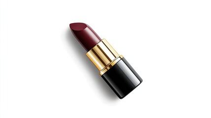 Luxurious deep red lipstick in a sleek gold case displayed on a white background with soft shadows and modern minimalist design