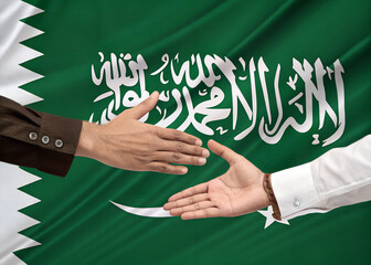Saudi Arabia Flag with Handshake Symbolizing Partnership and Agreement
