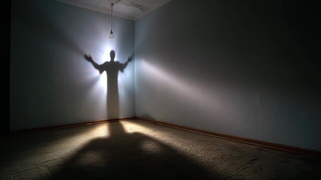 A ghostly shadow of a person with diverging rays of light in an empty, dark room. A dramatic, mystical effect. Ideal for thrillers, horror, and mystery.