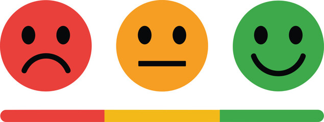 Three emotional emoticons with corresponding color bars indicating negative neutral and positive feedback or ratings