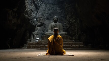Monk in Tranquility: A moment of profound peace captured, where a serene monk sits in meditation before a stone statue, immersed in a cave, embodying serenity and spiritual focus.