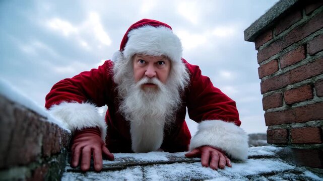 A close-up of Santa Claus creeping stealthily and silently across a snow-covered roof near the chimney. Dramatic angle. Christmas.