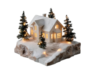 Cozy winter wonderland with illuminated house and snowy trees for festive decor on transparent background