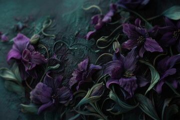 purple three-dimensional gothic floral pattern; dark, distubing halloween nature concept
