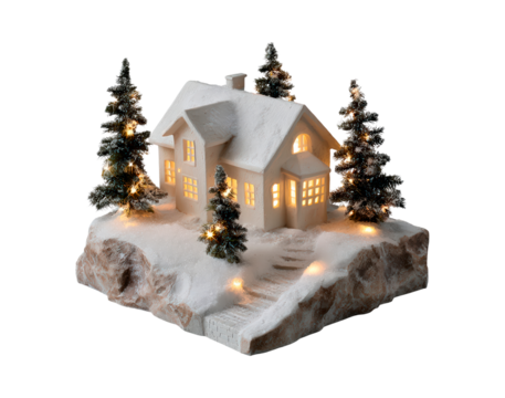 Cozy winter wonderland with illuminated house and snowy trees for festive decor on transparent background